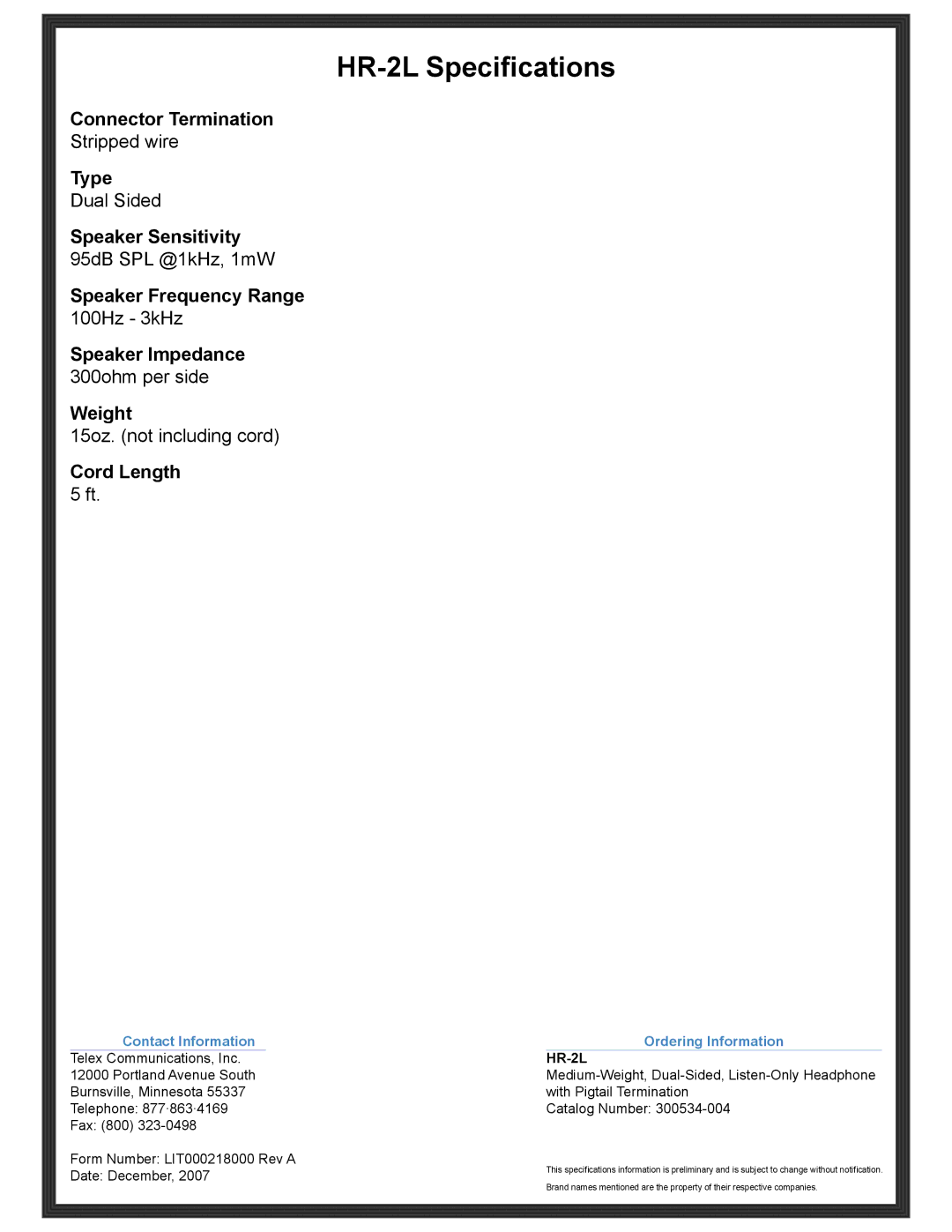 Telex manual HR-2L Specifications 