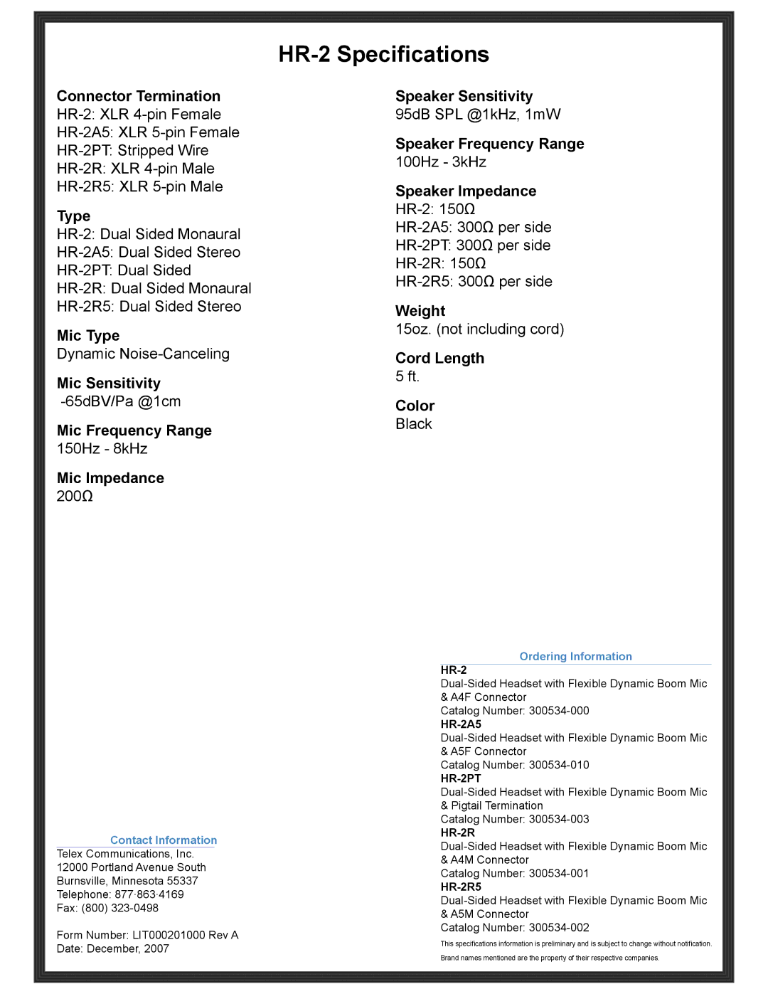 Telex HR-2A5, HR-2R5, HR-2PT manual HR-2 Specifications 