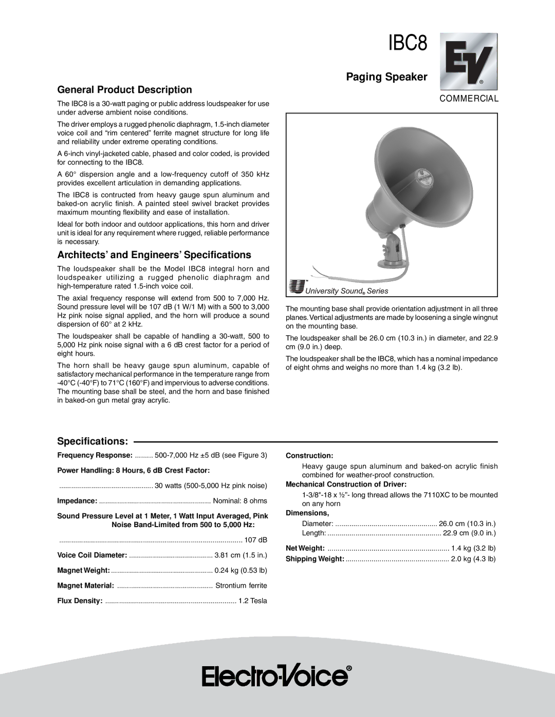 Telex IBC8 specifications General Product Description, Architects’ and Engineers’ Specifications 