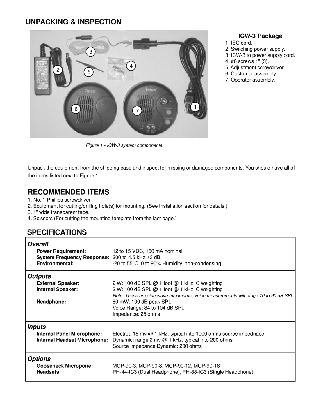 Telex ICW-3 manual Unpacking & Inspection, Recommended Items, Specifications 