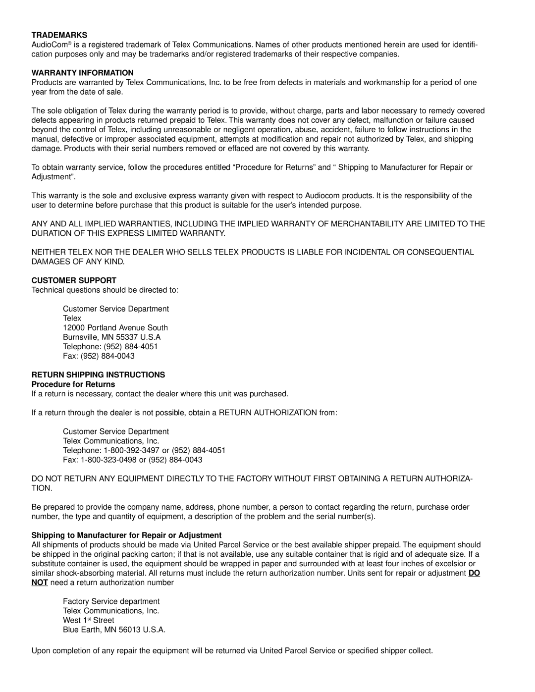 Telex ICW-3 manual Trademarks 