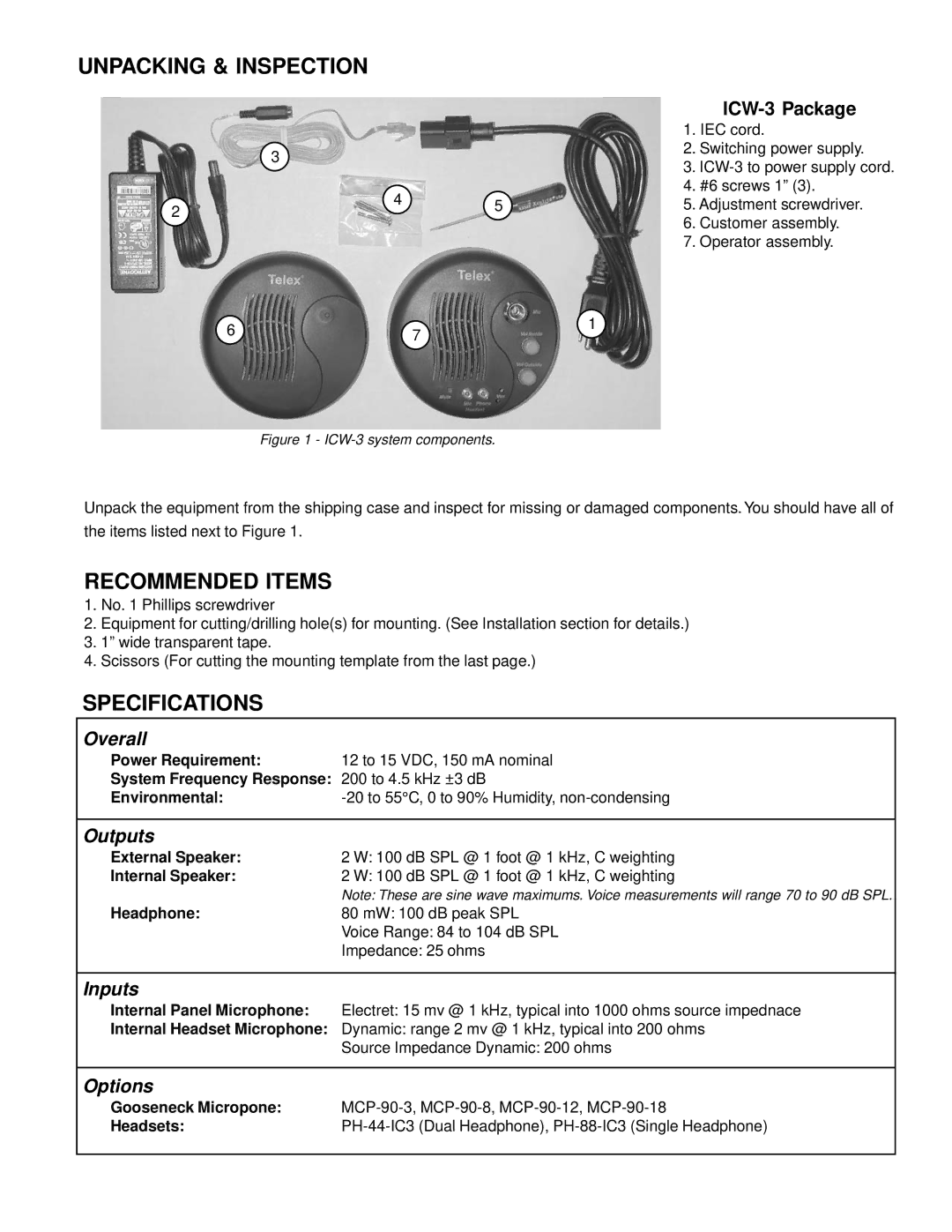 Telex ICW-3 manual Unpacking & Inspection, Recommended Items, Specifications 