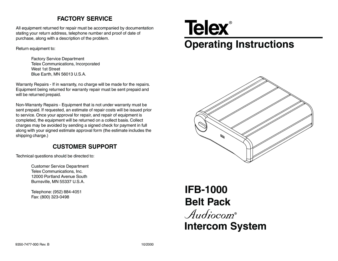 Telex IFB-1000 operating instructions Factory Service, Customer Support 