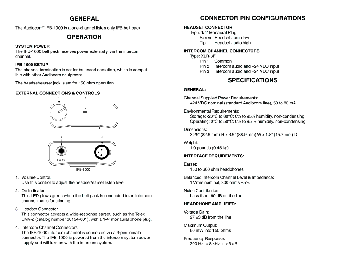 Telex IFB-1000 operating instructions General, Operation, Connector PIN Configurations, Specifications 