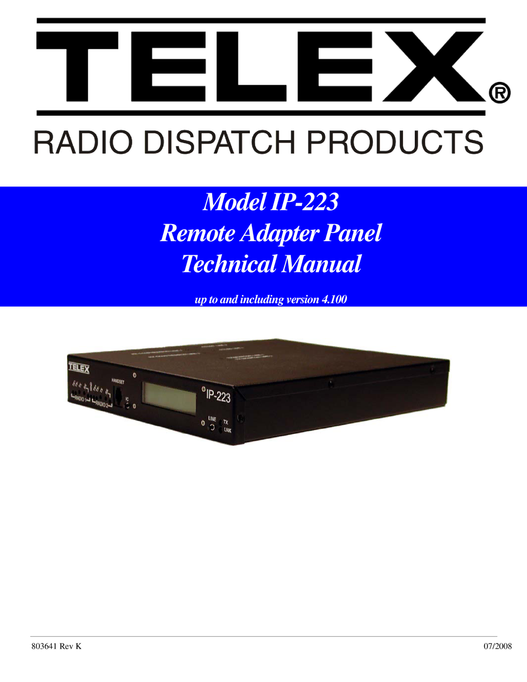 Telex technical manual Model IP-223 Remote Adapter Panel Technical Manual 