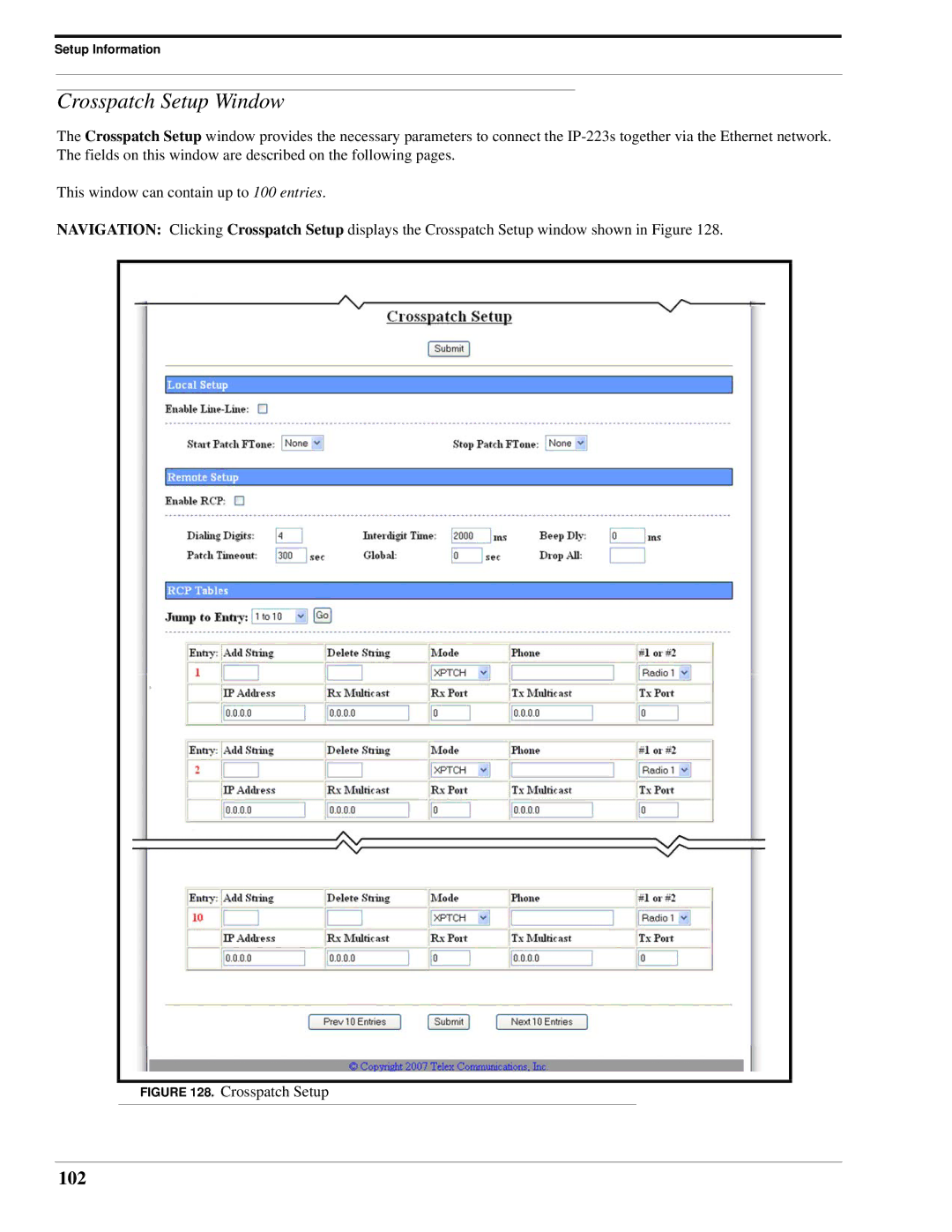 Telex IP-223 technical manual Crosspatch Setup Window, 102 