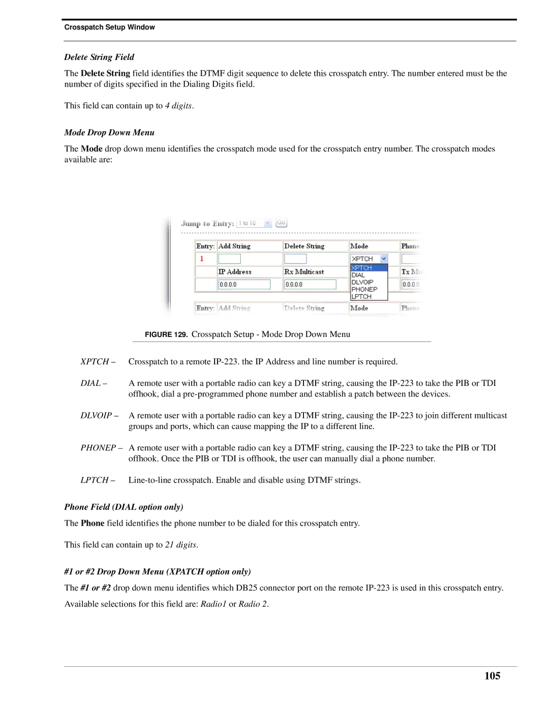 Telex IP-223 technical manual 105, Delete String Field, Mode Drop Down Menu, Phone Field Dial option only 