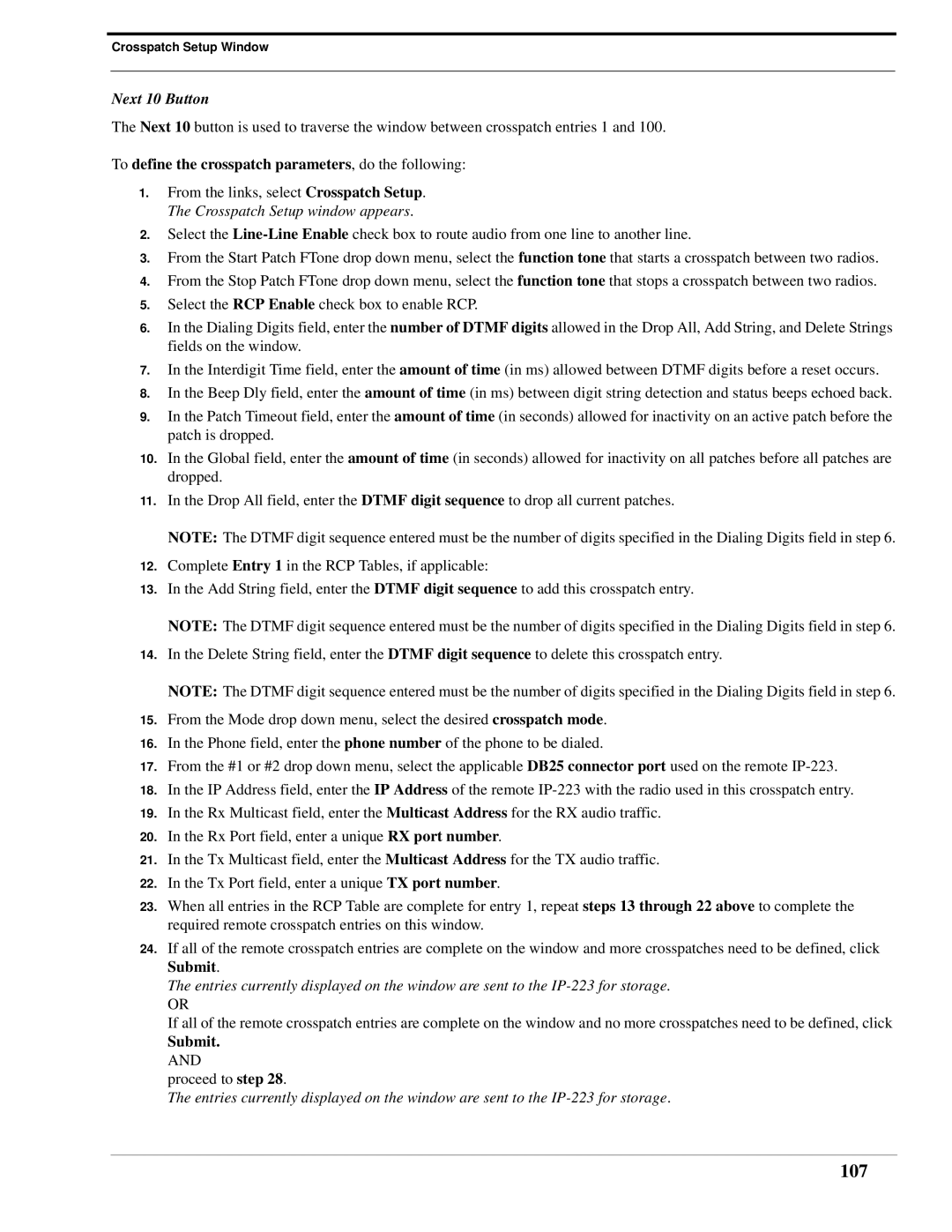 Telex IP-223 technical manual 107, Next 10 Button, To define the crosspatch parameters, do the following, Submit 