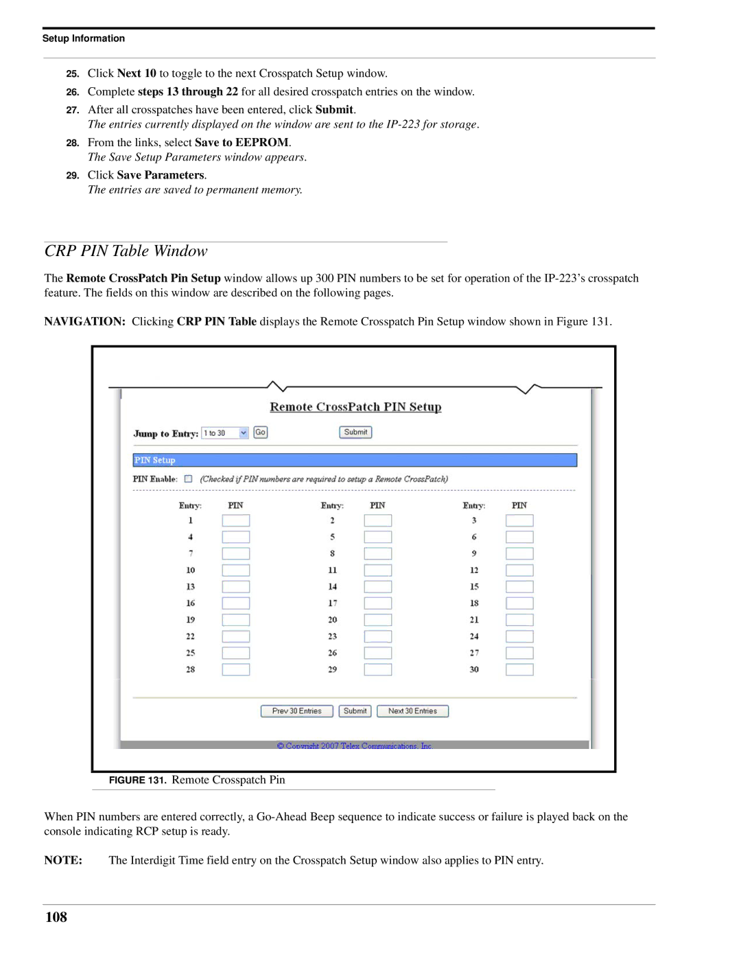 Telex IP-223 technical manual CRP PIN Table Window, 108 