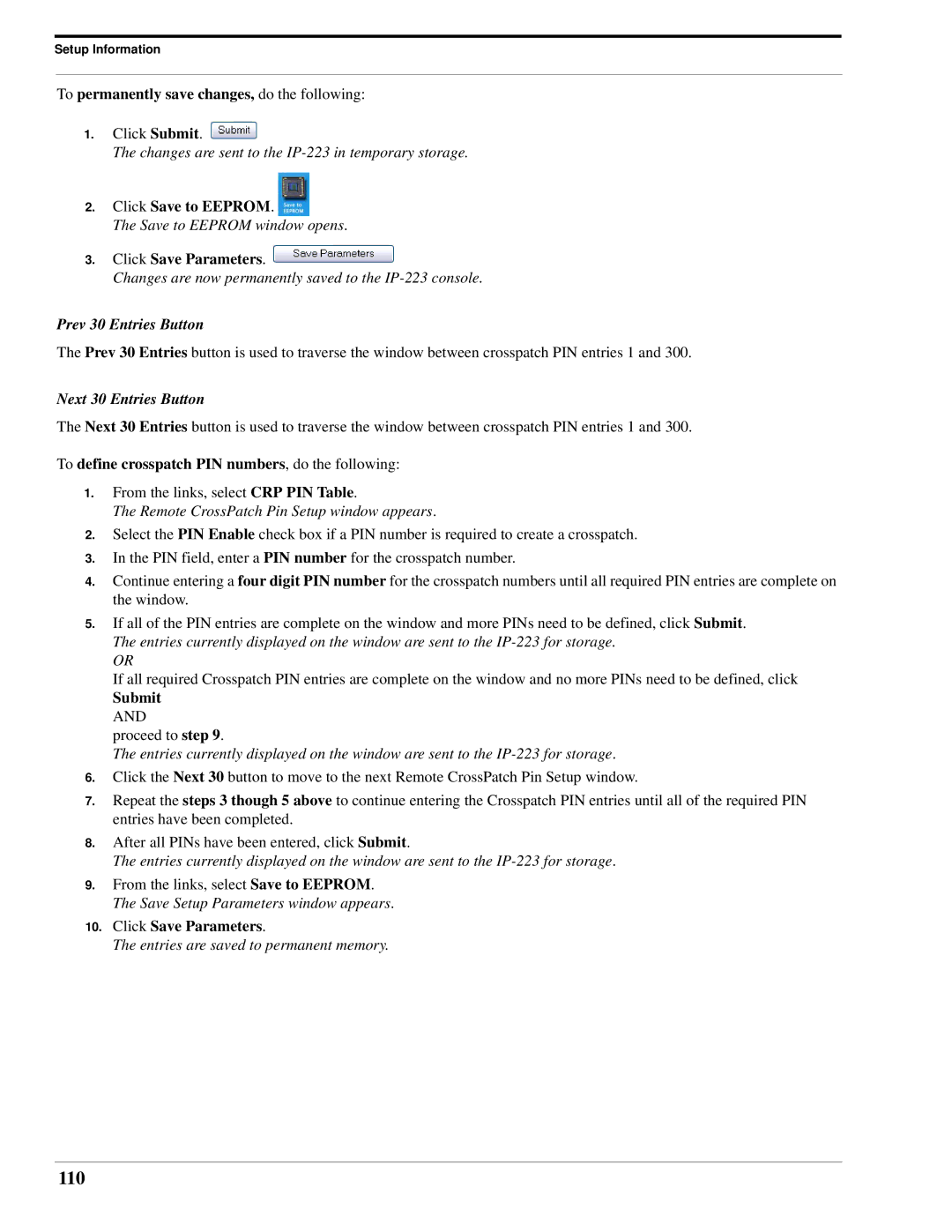 Telex IP-223 110, Prev 30 Entries Button, Next 30 Entries Button, To define crosspatch PIN numbers, do the following 