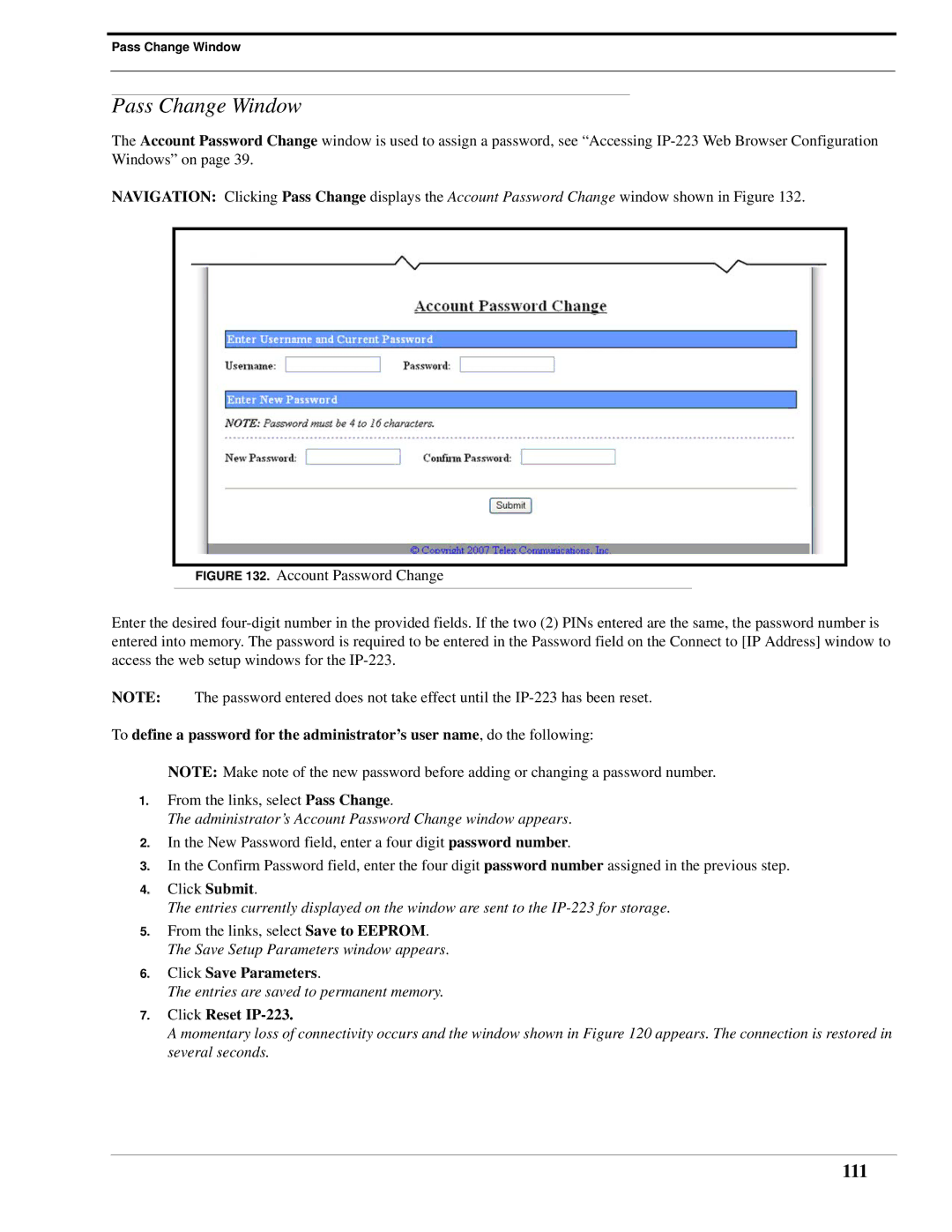 Telex IP-223 technical manual Pass Change Window, 111 