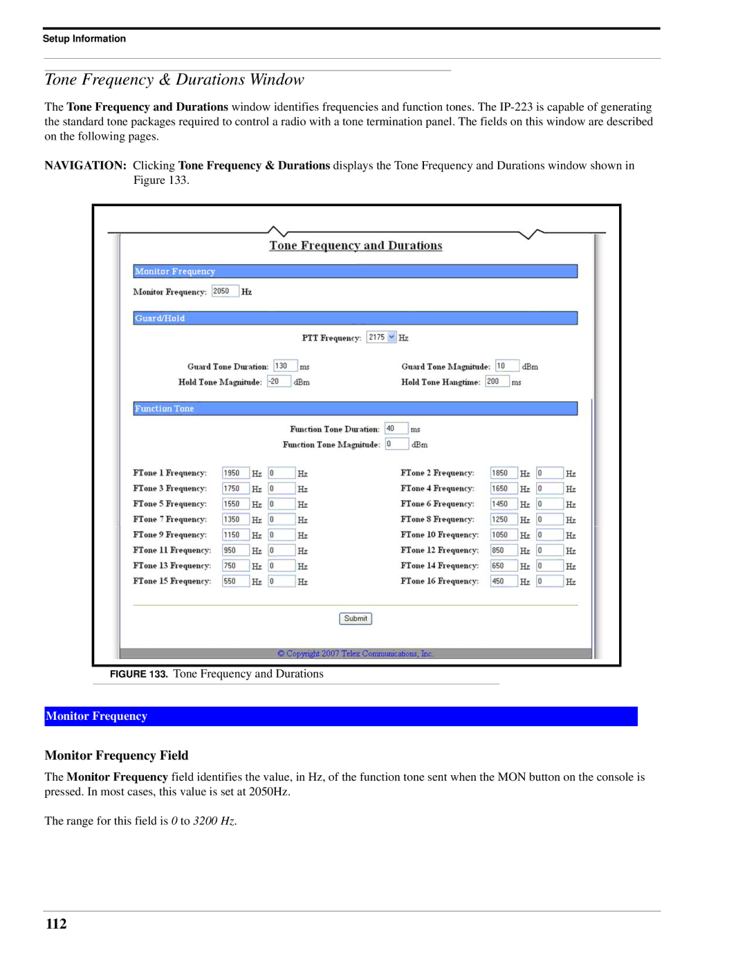 Telex IP-223 technical manual Tone Frequency & Durations Window, 112, Monitor Frequency Field 