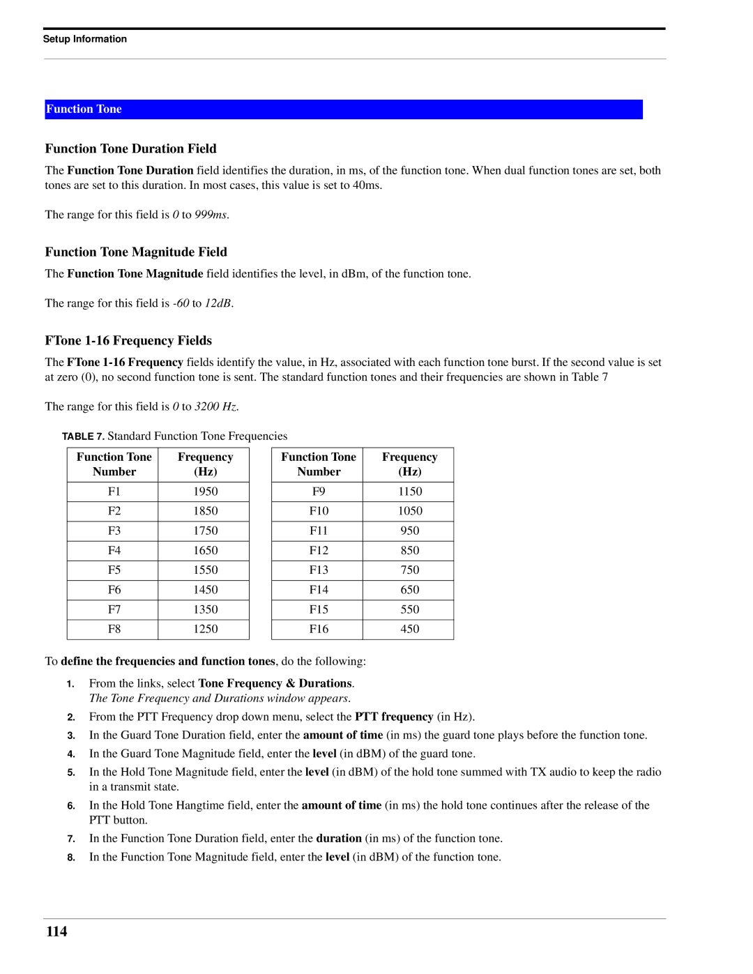 Telex IP-223 technical manual 114, Function Tone Duration Field, Function Tone Magnitude Field, FTone 1-16 Frequency Fields 