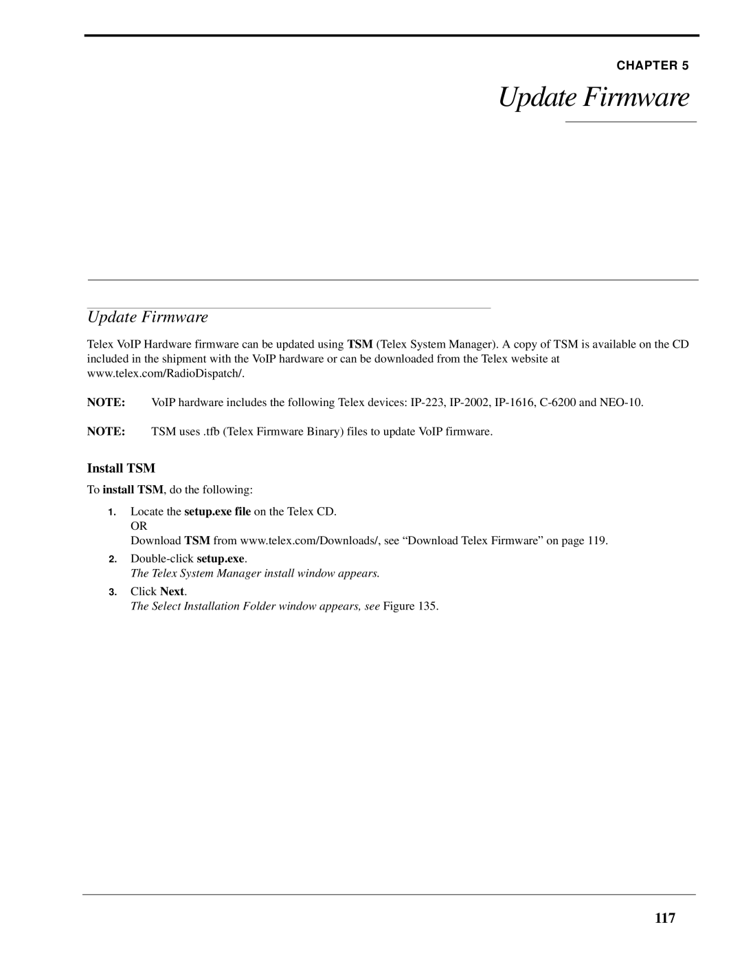 Telex IP-223 technical manual Update Firmware, 117, Install TSM 