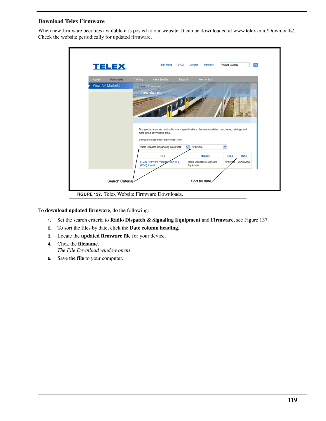 Telex IP-223 technical manual 119, Download Telex Firmware 