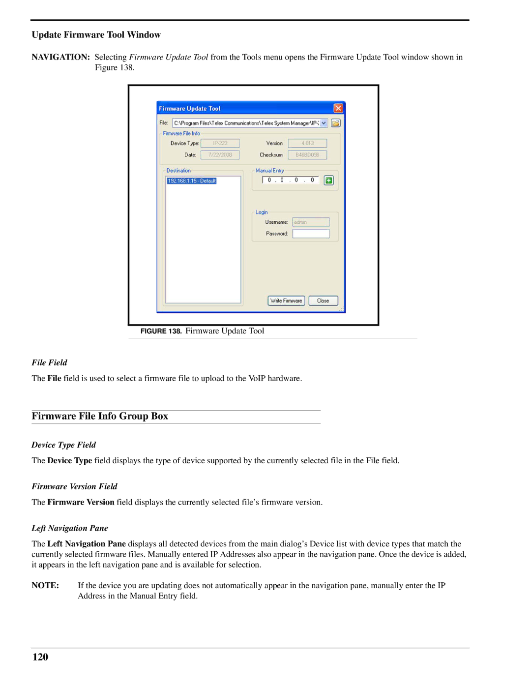 Telex IP-223 technical manual Firmware File Info Group Box, 120, Update Firmware Tool Window 