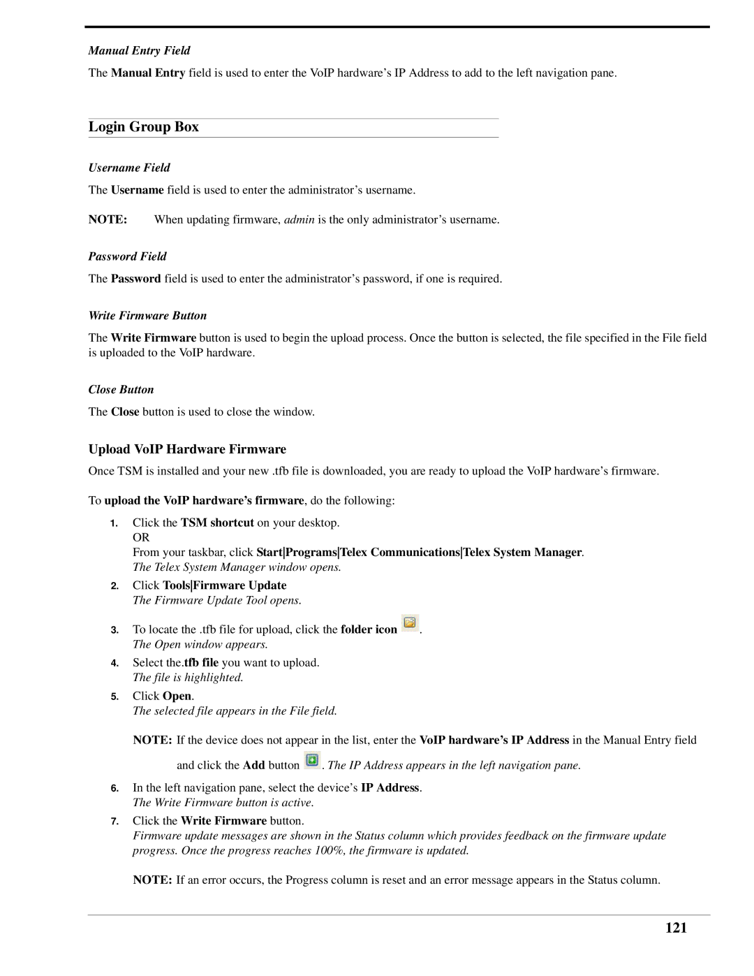 Telex IP-223 technical manual Login Group Box, 121, Upload VoIP Hardware Firmware 