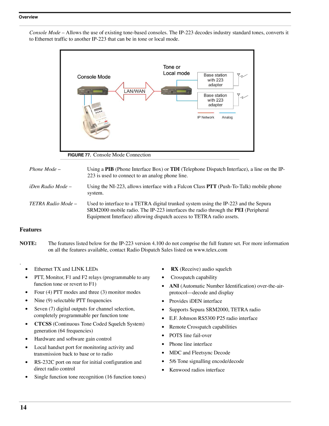 Telex IP-223 technical manual Features, Console Mode Connection 