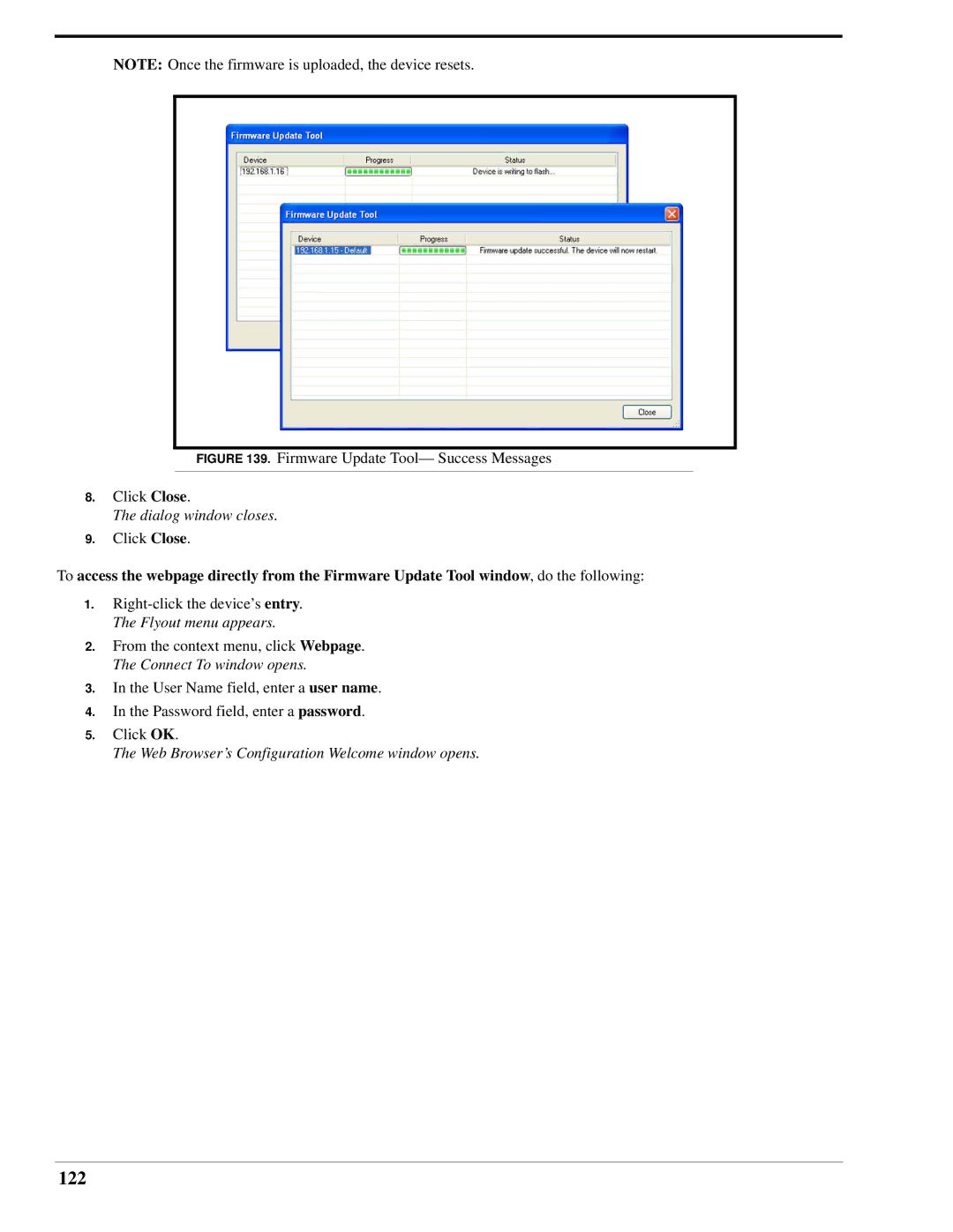 Telex IP-223 technical manual 122, Firmware Update Tool- Success Messages Click Close 