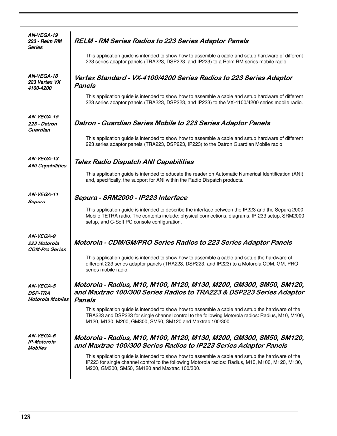 Telex IP-223 technical manual Relm RM Series Radios to 223 Series Adaptor Panels, 128 