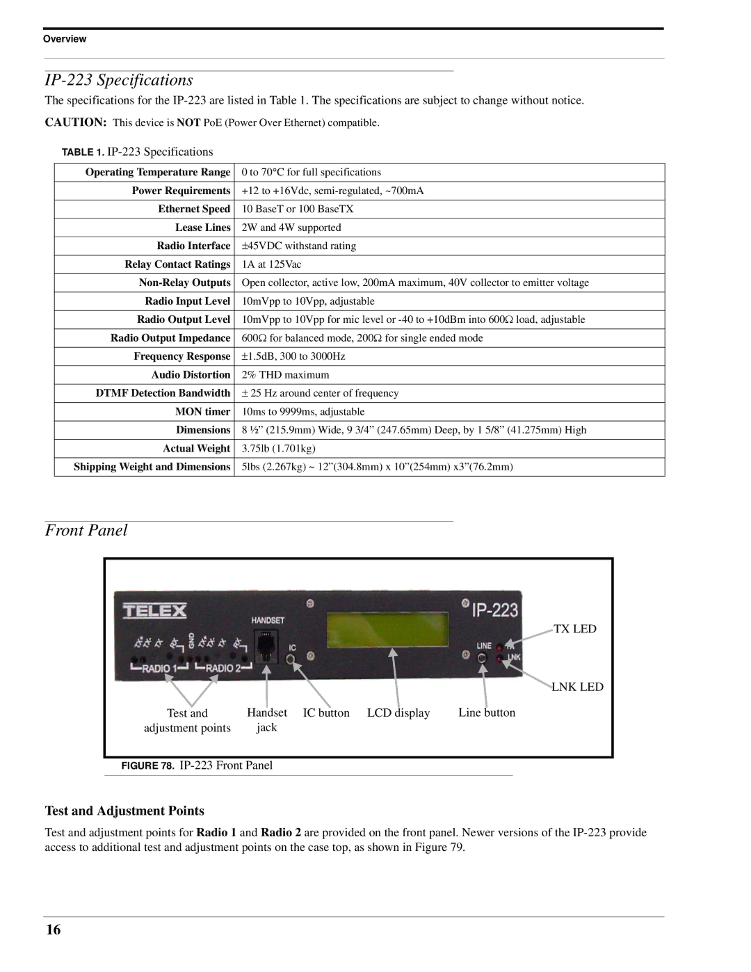 Telex technical manual IP-223 Specifications, Front Panel, Test and Adjustment Points 