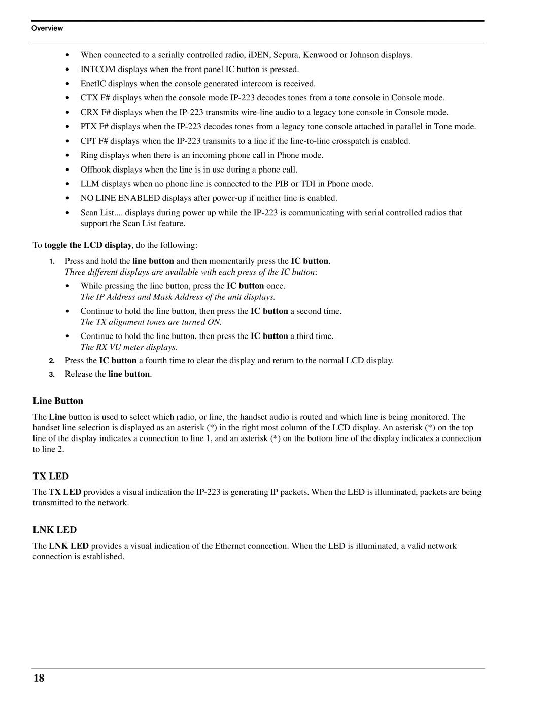 Telex IP-223 technical manual Line Button, Tx Led 