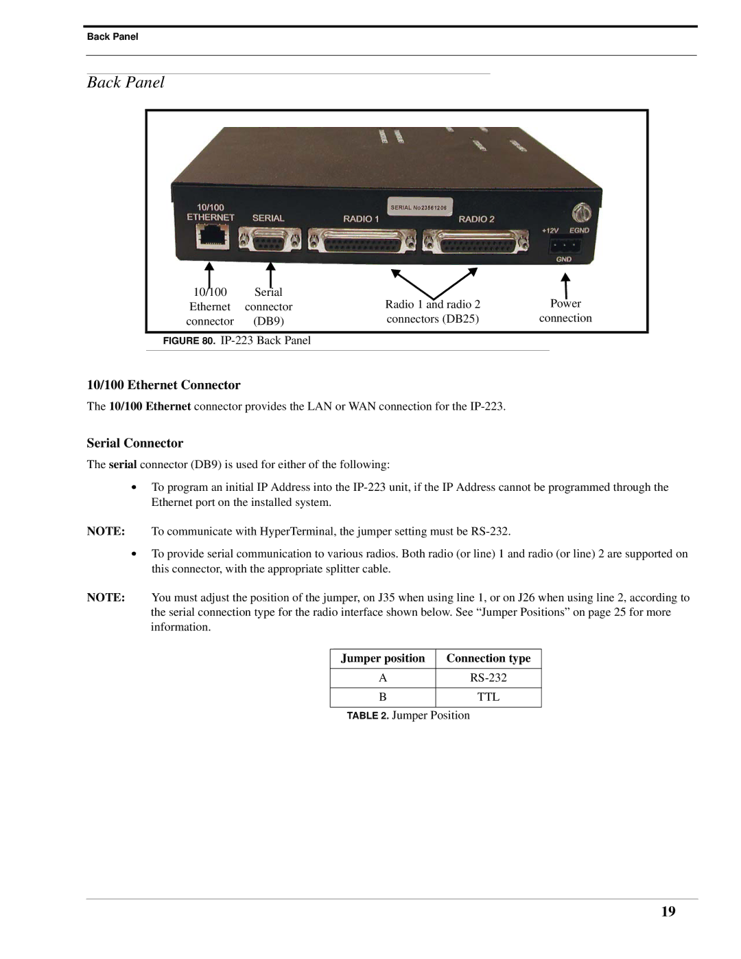 Telex IP-223 technical manual Back Panel, 10/100 Ethernet Connector, Serial Connector, Jumper position Connection type 