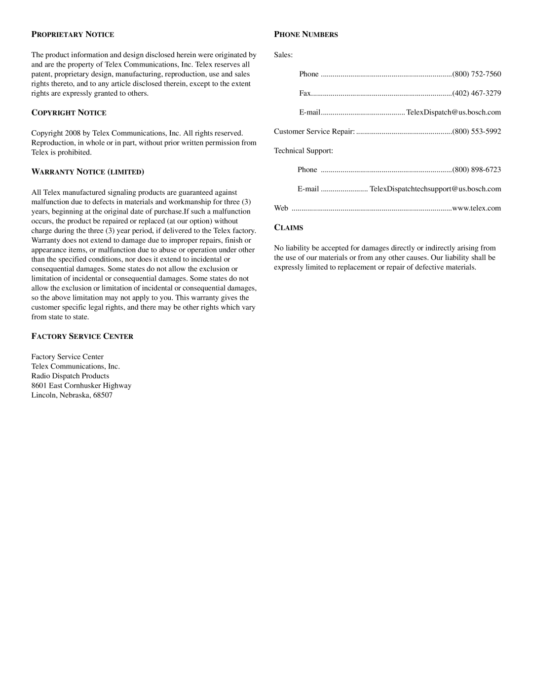 Telex IP-223 technical manual Sales 