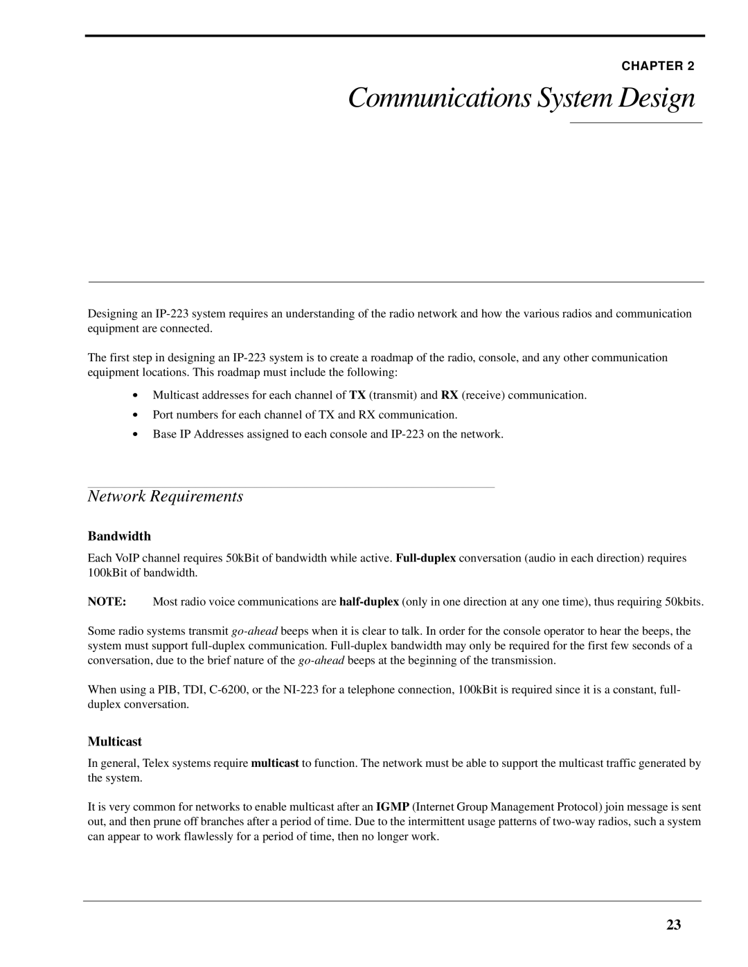 Telex IP-223 technical manual Network Requirements, Bandwidth, Multicast 