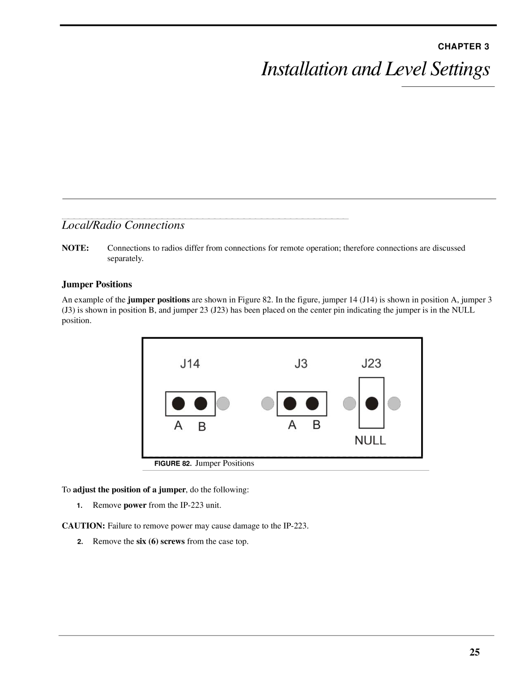 Telex IP-223 Local/Radio Connections, Jumper Positions, To adjust the position of a jumper, do the following 