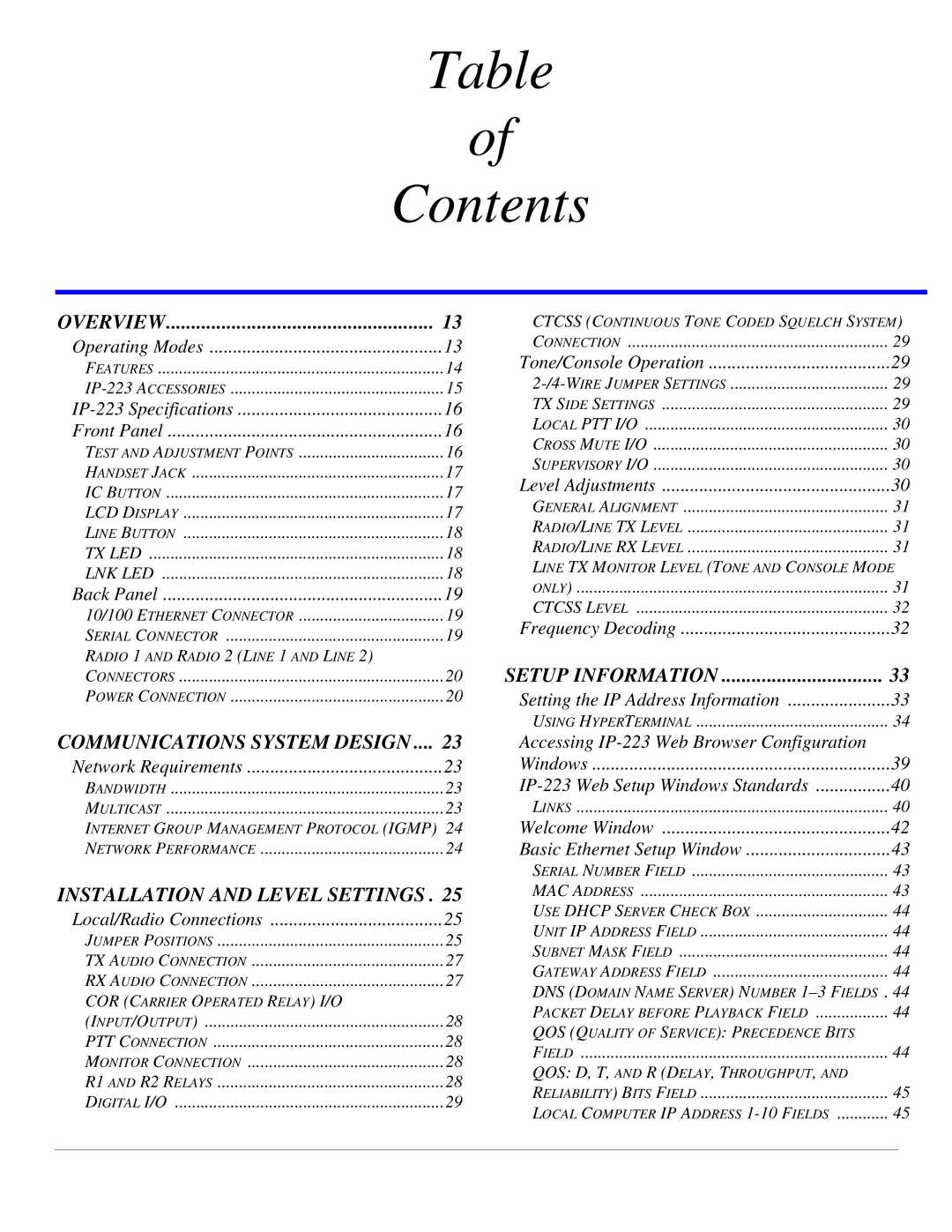 Telex IP-223 technical manual Contents 