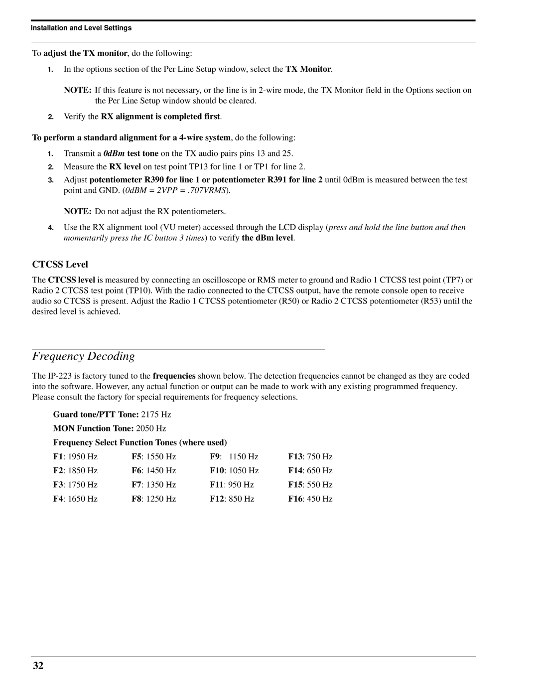 Telex IP-223 technical manual Frequency Decoding, Ctcss Level 