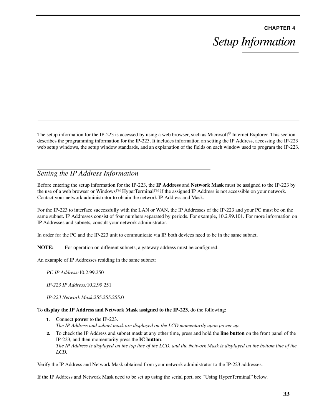 Telex IP-223 technical manual Setup Information, Setting the IP Address Information 