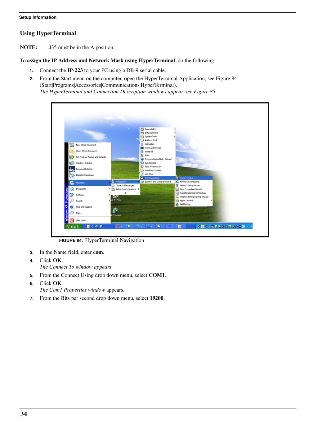 Telex IP-223 technical manual Using HyperTerminal, Com1 Properties window appears 