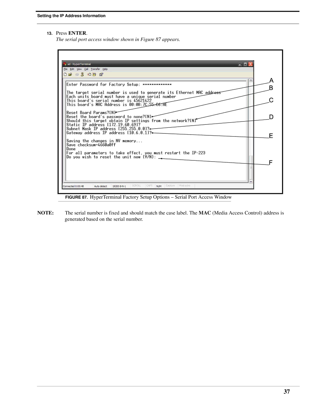 Telex IP-223 technical manual Serial port access window shown in appears 