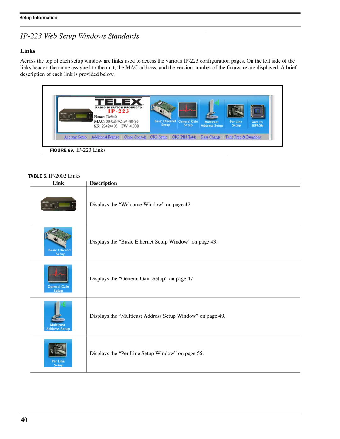 Telex technical manual IP-223 Web Setup Windows Standards, Links, Link Description 