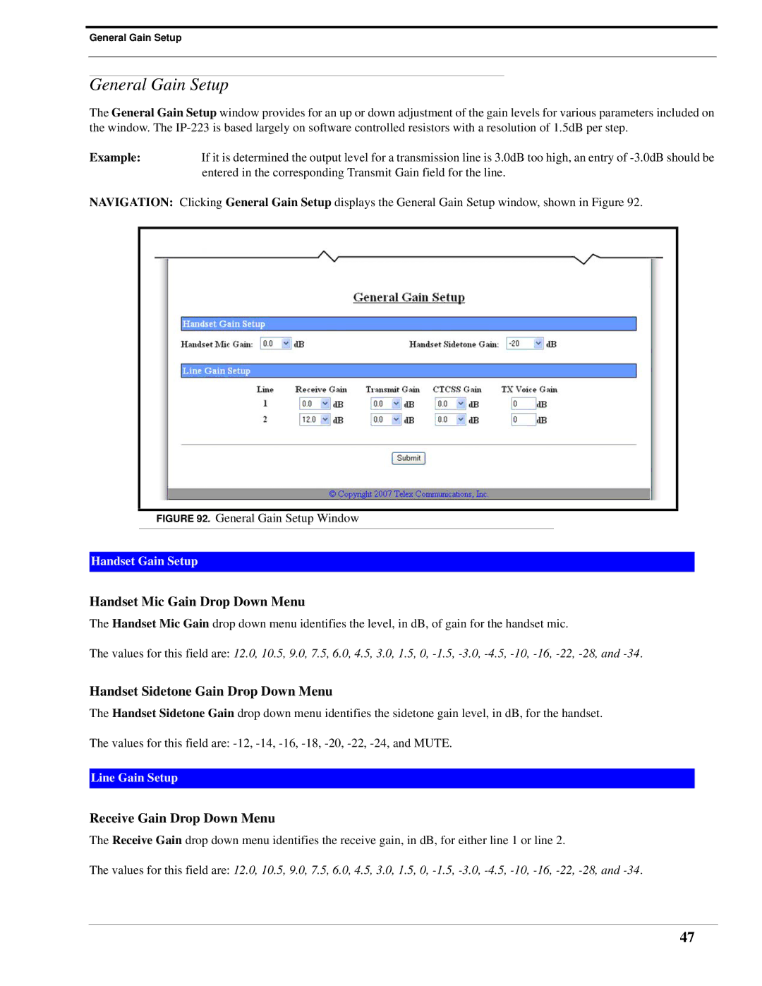 Telex IP-223 technical manual General Gain Setup, Handset Mic Gain Drop Down Menu, Handset Sidetone Gain Drop Down Menu 