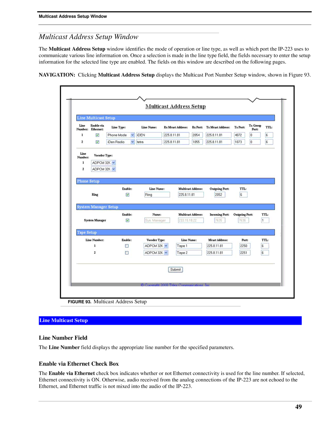 Telex IP-223 technical manual Multicast Address Setup Window, Line Number Field, Enable via Ethernet Check Box 