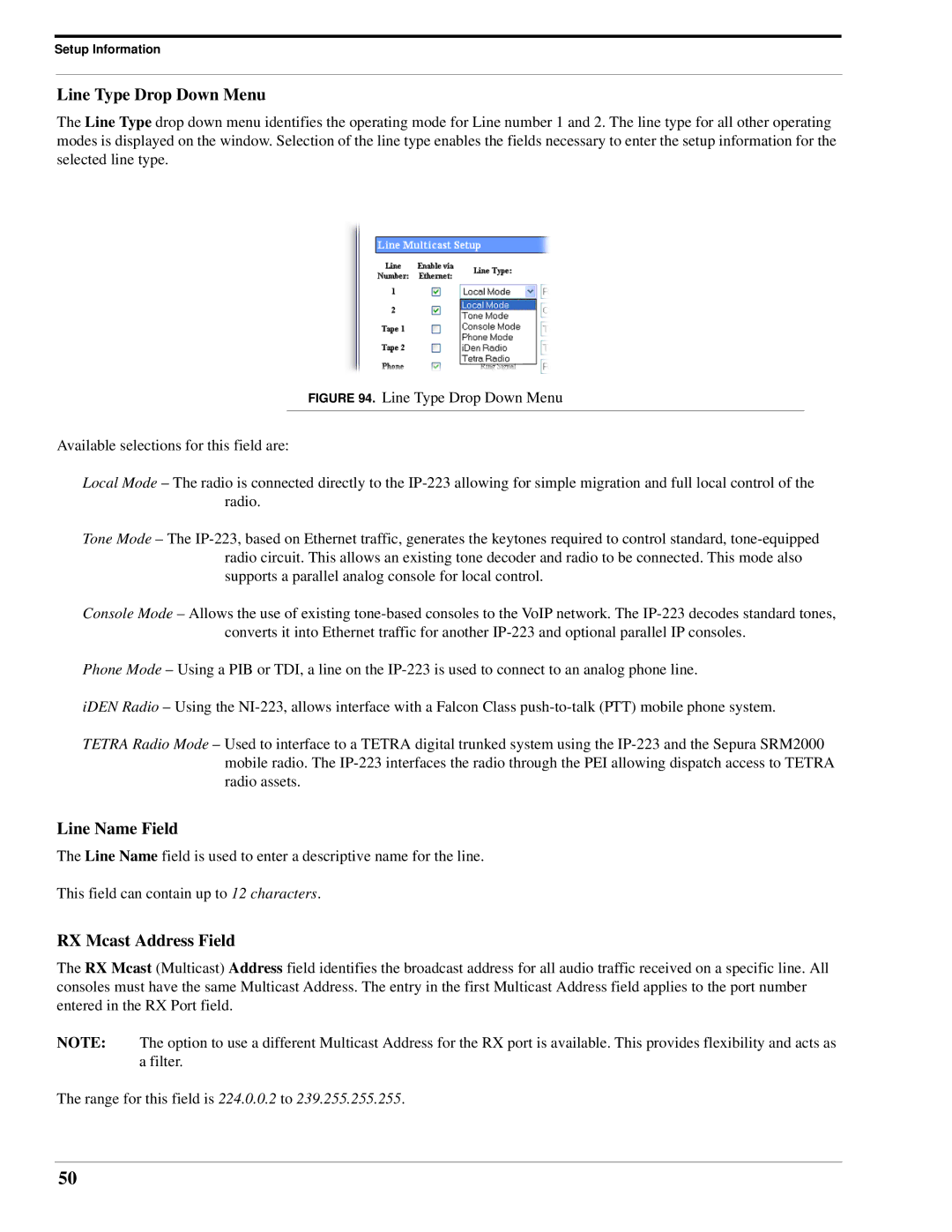 Telex IP-223 technical manual Line Type Drop Down Menu, Line Name Field, RX Mcast Address Field 