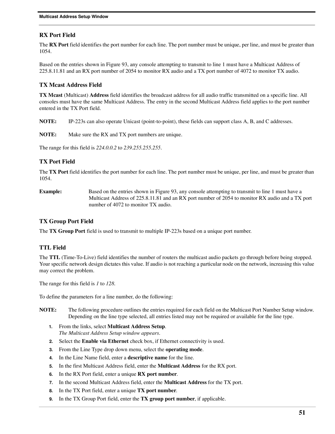 Telex IP-223 technical manual RX Port Field, TX Mcast Address Field, TX Port Field, TX Group Port Field, TTL Field 