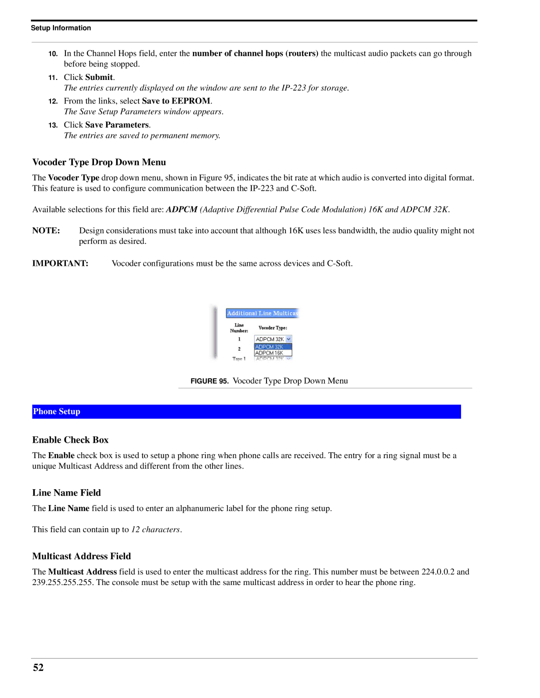 Telex IP-223 technical manual Vocoder Type Drop Down Menu, Enable Check Box, Multicast Address Field 