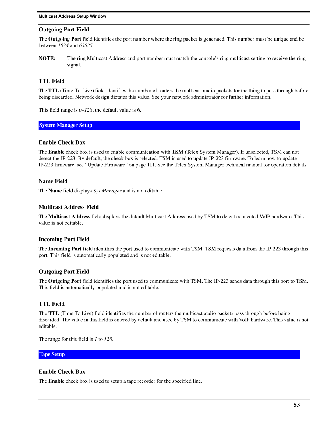 Telex IP-223 technical manual Outgoing Port Field, Name Field, Incoming Port Field 