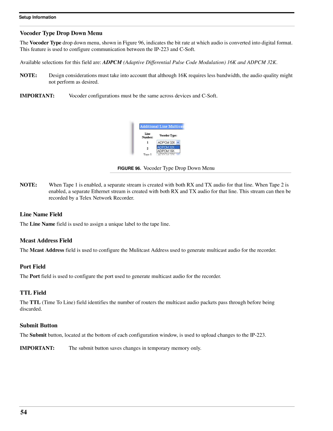 Telex IP-223 technical manual Mcast Address Field, Port Field 