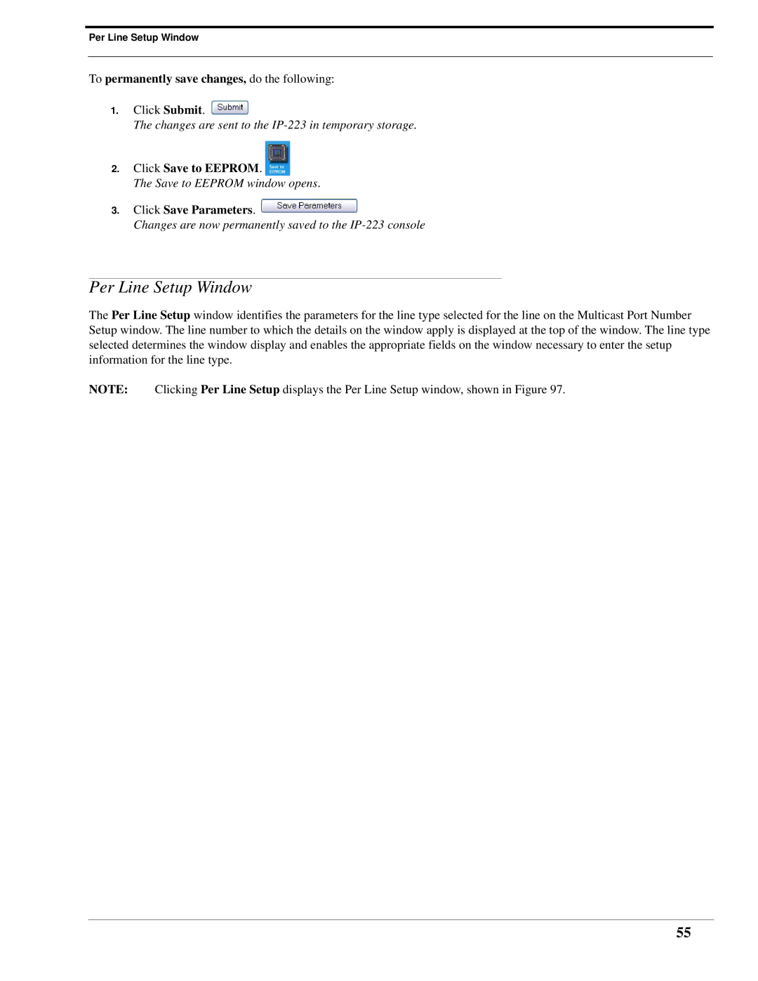 Telex IP-223 technical manual Per Line Setup Window, To permanently save changes, do the following 