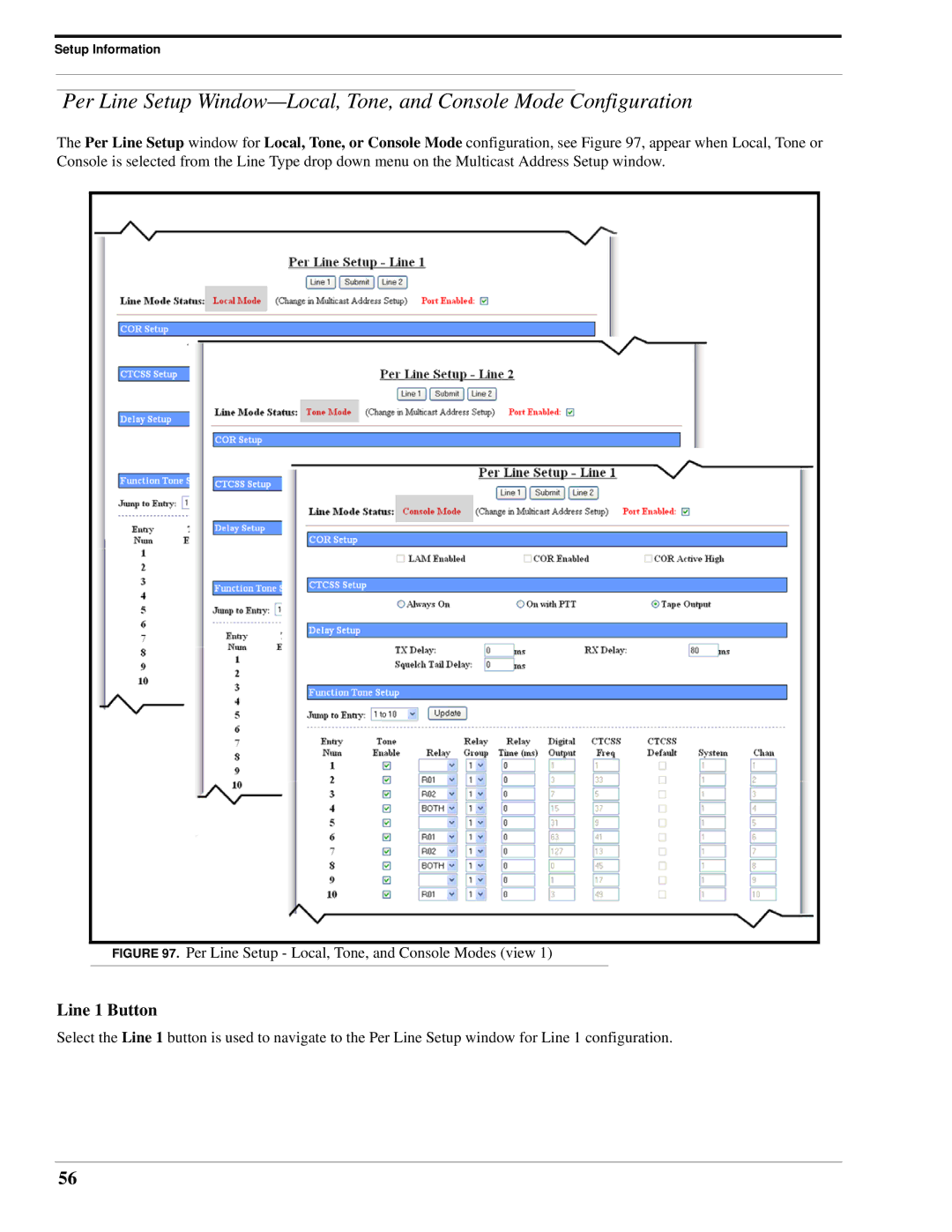 Telex IP-223 technical manual Line 1 Button, Per Line Setup Local, Tone, and Console Modes view 