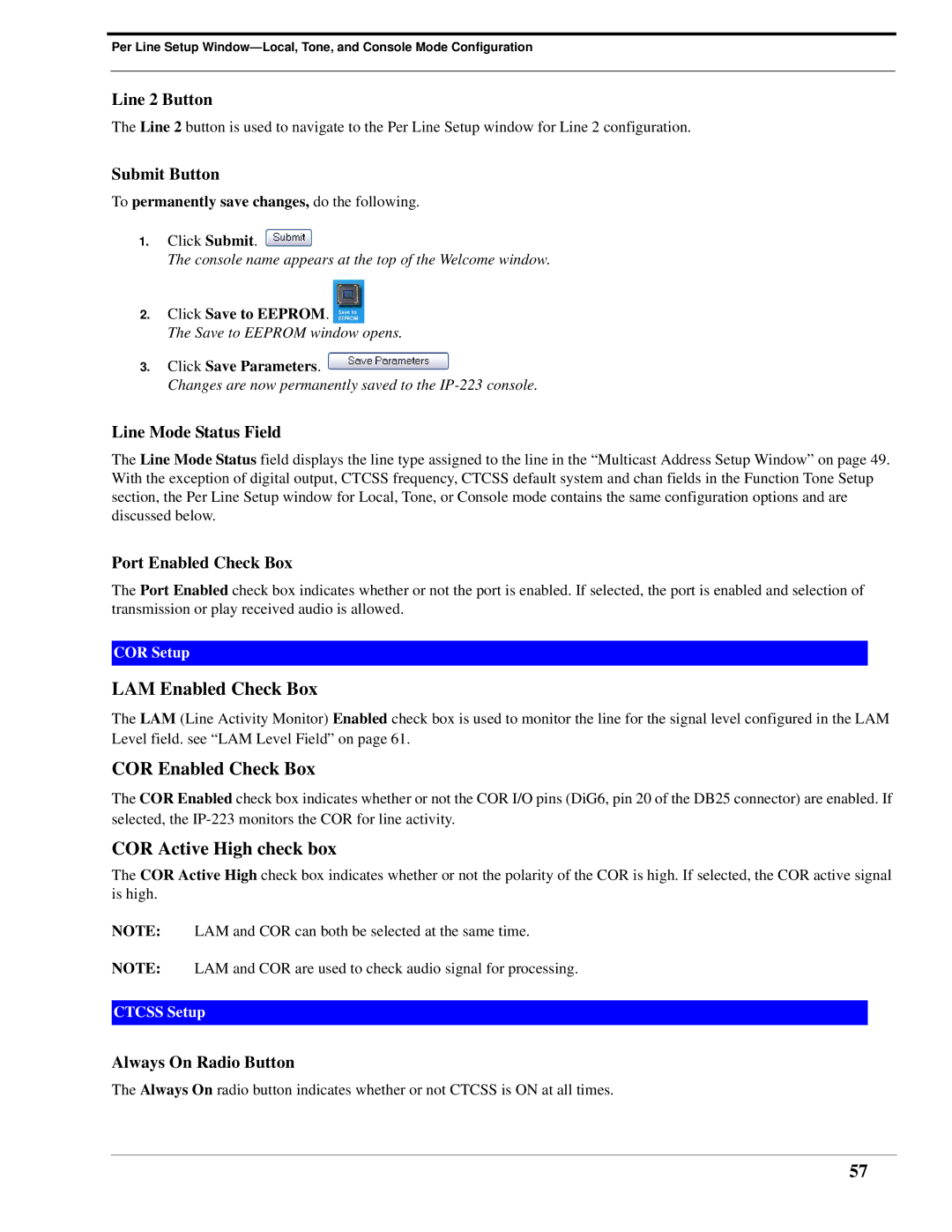 Telex IP-223 technical manual LAM Enabled Check Box, COR Enabled Check Box, COR Active High check box 