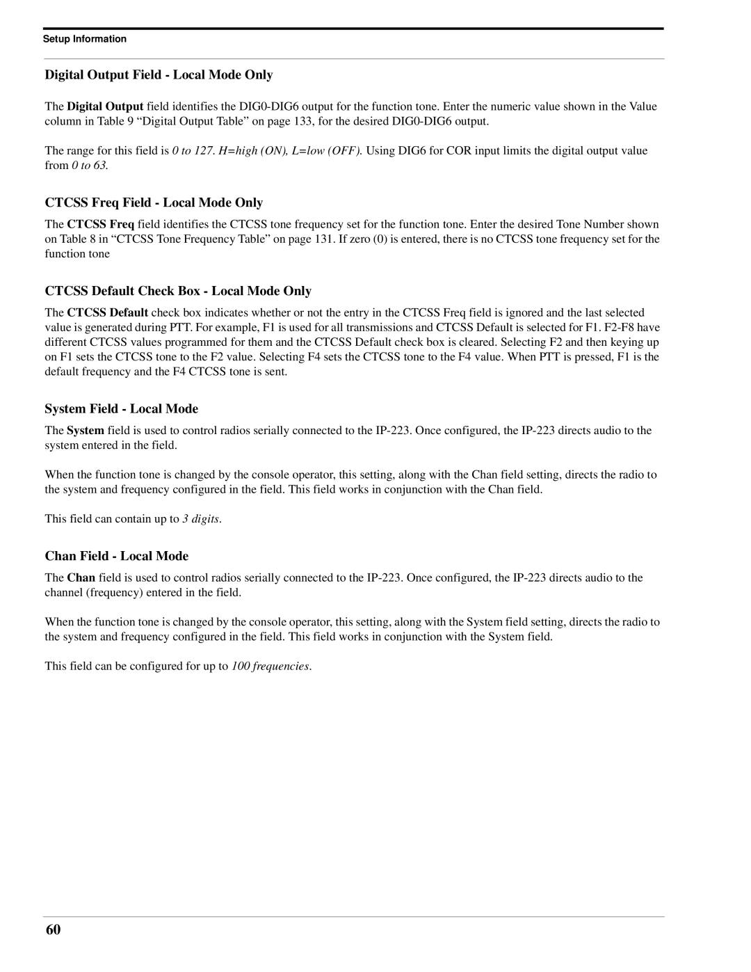 Telex IP-223 Digital Output Field Local Mode Only, Ctcss Freq Field Local Mode Only, System Field Local Mode 