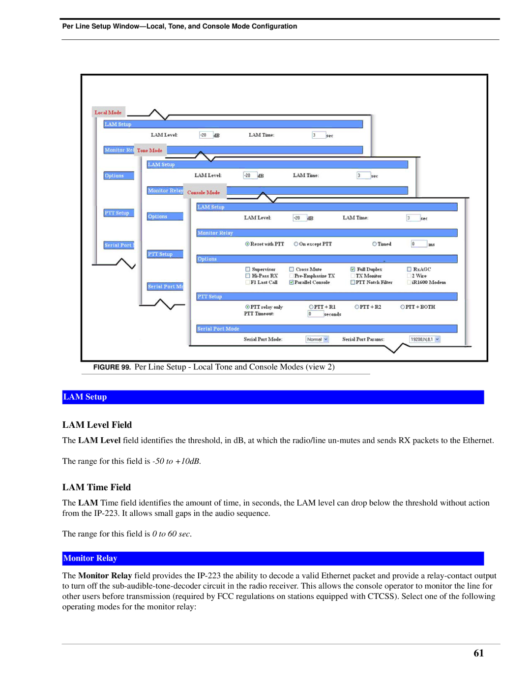 Telex IP-223 technical manual LAM Level Field, LAM Time Field 