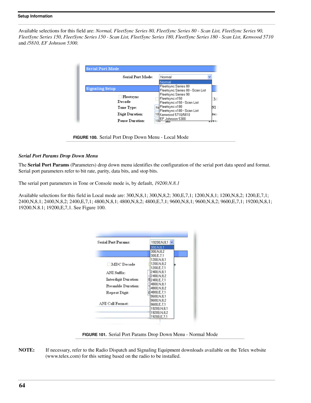 Telex IP-223 technical manual Serial Port Drop Down Menu Local Mode, Serial Port Params Drop Down Menu 