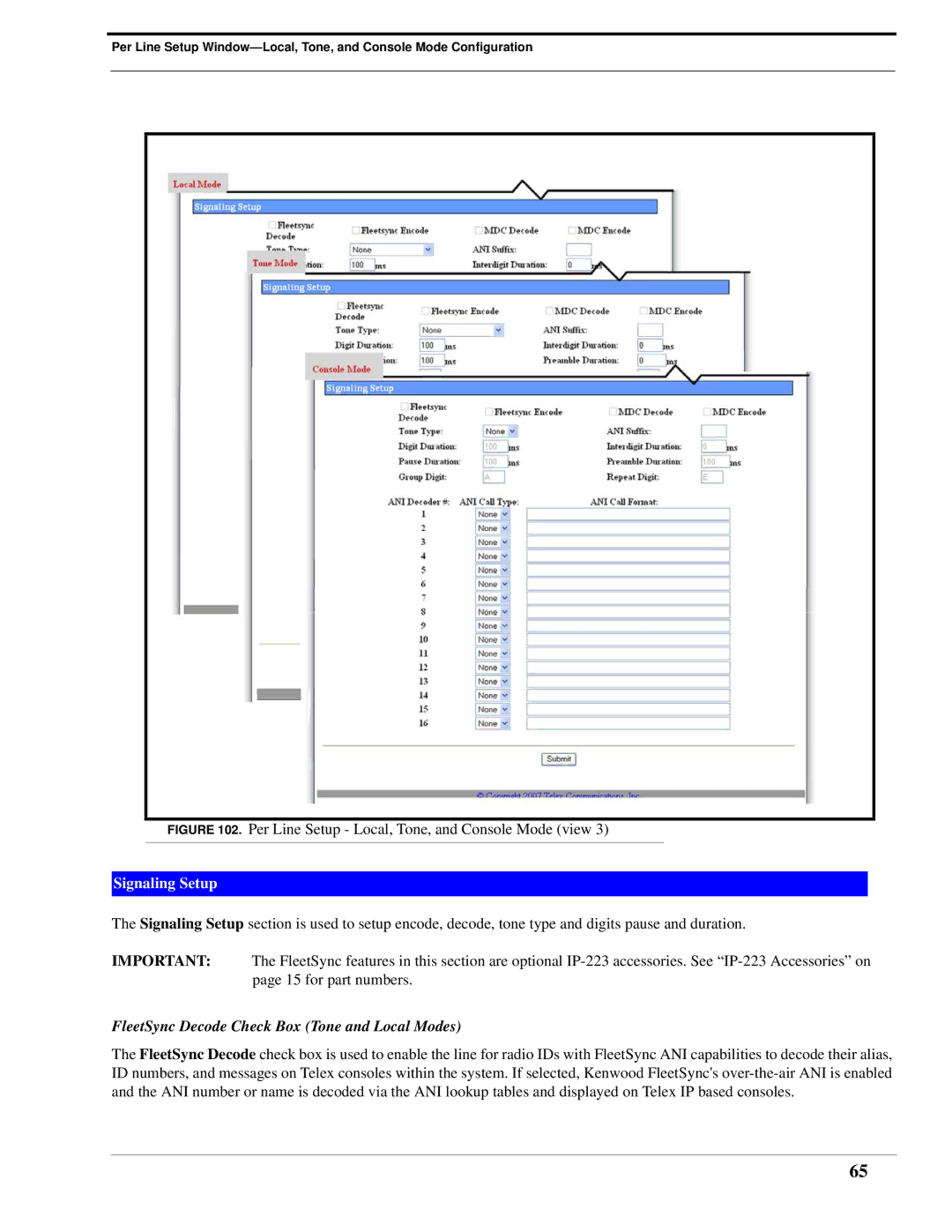 Telex IP-223 technical manual Signaling Setup, FleetSync Decode Check Box Tone and Local Modes 